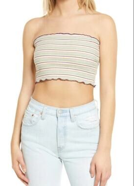 BP. Stripe Rib Tube Top In Ivory Dove Kim Stripe Bandeau Top SMALL NEW rippled
